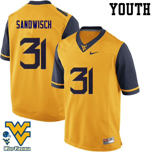 Youth #31 Zach Sandwisch West Virginia Mountaineers College Football Jerseys-Gold - Click Image to Close